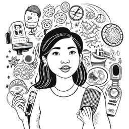 Desenho artístico de uma mulher, representando Lauren Chen, de descendência asiática, parecendo pensativa enquanto segura um microfone em meio a símbolos que significam diversidade, mídia e internet, em um cenário de fundo branco.