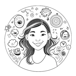 Desenho artístico de uma mulher, representando Lauren Chen, com um sorriso caloroso, cercada por símbolos de fé, tradição, videogames, animes e multilinguismo, em um cenário de fundo branco.