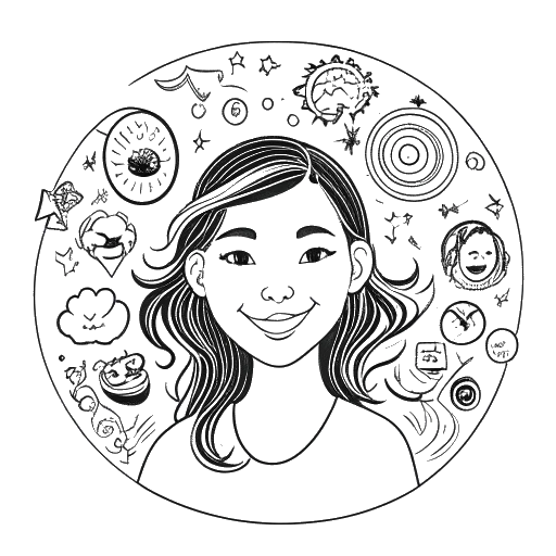 Lijnkunsttekening van een vrouw, die Lauren Chen vertegenwoordigt, met een warme glimlach, omringd door symbolen van geloof, traditie, videogames, anime en meertaligheid, tegen een witte achtergrond.
