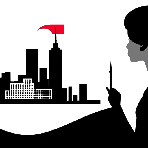 Desenho de linha de uma mulher representando Lauren Chen, com um balão de fala e uma linha vermelha através dele, uma bandeira chinesa e um horizonte de Hong Kong ao fundo