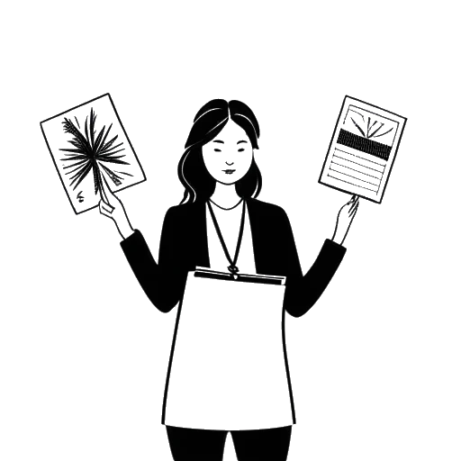 Line art drawing of a woman representing Lauren Chen, holding three passports with flags of Hong Kong, the United Kingdom, and Canada in the background
