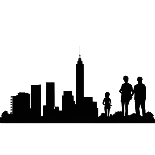 Desenho de linha de uma família representando Lauren Chen, seu marido Liam Donovan e sua filha Riley, com o horizonte de Nashville ao fundo