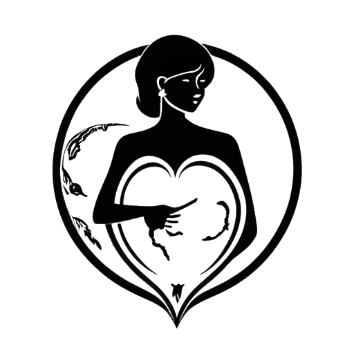 Desenho de linha de uma mulher representando Lauren Chen, segurando um escudo com um símbolo de coração e imagens de um símbolo feminista, um globo e uma família ao fundo