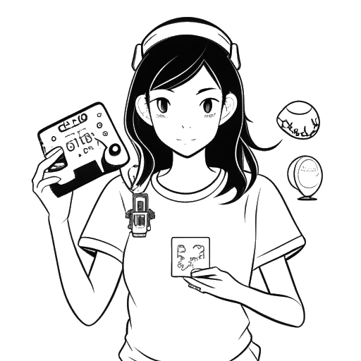 Line art drawing of a woman representing Lauren Chen, holding a video game controller with a French flag, a Chinese flag, and anime and cooking icons in the background