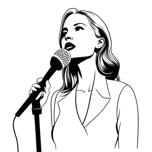 Line art drawing of a woman representing Lauren Chen, holding a microphone with images of Jordan Peterson and Marsha Blackburn in the background