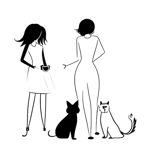 Line art drawing of a woman representing Lauren Chen, holding a cat named Whiskey and a dog named Jellybean