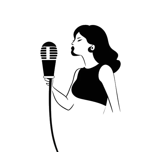 Desenho de linha de uma mulher representando Lauren Chen, segurando um microfone com o logo do YouTube e emblemas políticos conservadores ao fundo