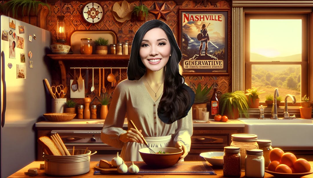 Lauren Chen, cooking in a Nashville kitchen with multicultural influences, surrounded by French and Chinese spices, embodying a warm and conservative ambiance.