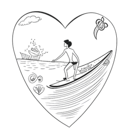 An illustration in black and white showcasing a man symbolizing Tyler Stanaland, balancing a surfboard, real estate documents, and a heart representing romance and family. The image captures the harmony in Tyler's life pursuits.