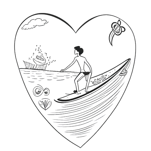 An illustration in black and white showcasing a man symbolizing Tyler Stanaland, balancing a surfboard, real estate documents, and a heart representing romance and family. The image captures the harmony in Tyler's life pursuits.