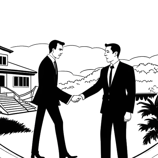 Line art drawing of a man, representing Tyler Stanaland, in a sharp suit holding a surfboard, while shaking hands with a business figure, with luxury homes and the outline of the Hollywood hills in the background, all against a white backdrop.