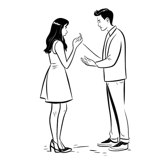 Line art drawing of a man, representing Tyler Stanaland, proposing to a woman, symbolizing his engagement to actress Brittany Snow.