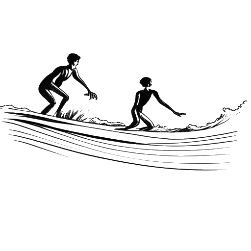 Line art drawing of two men, representing Tyler Stanaland and his brother Trevor, surfing together.