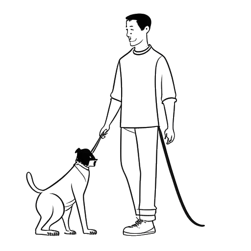 Desenho de arte em linha de um homem, representando Tyler Stanaland, segurando uma coleira presa a um cachorro.