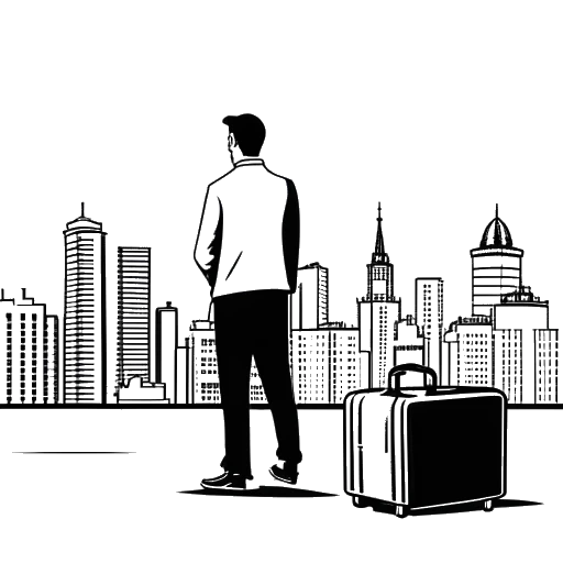 Lijntekening van een man, die Tyler Stanaland vertegenwoordigt, die een koffer vasthoudt met de skyline van Dubai op de achtergrond, wat zijn volledig verzorgde reis symboliseert.