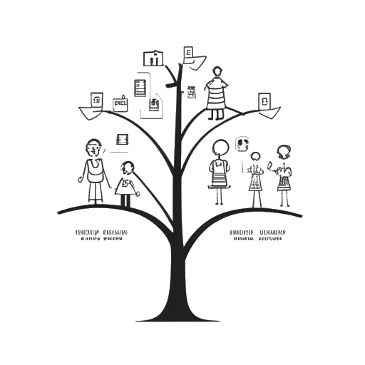 Desenho de arte em linha de um homem, representando Tyler Stanaland, segurando uma árvore genealógica com ícones de imóveis de luxo.