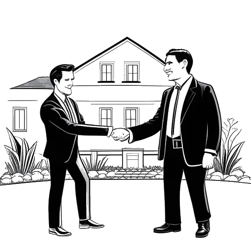 Line art drawing of a man, representing Tyler Stanaland, shaking hands with Mark Cuban beside a luxury property, symbolizing a notable achievement in his career.