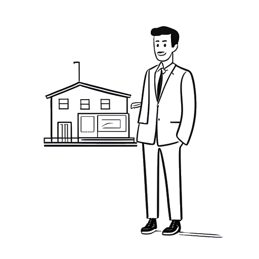 Dibujo de arte lineal de un hombre, representando a Tyler Stanaland, sosteniendo un control remoto de televisión y de pie junto a un letrero de bienes raíces, simbolizando su entrada a la televisión real y a The Oppenheim Group.