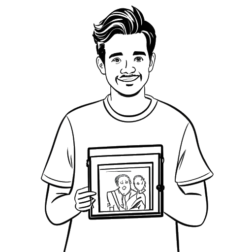 Dibujo de arte lineal de un hombre, representando a Tyler Stanaland, sosteniendo un póster de la serie de televisión de Netflix 'Selling the OC'.