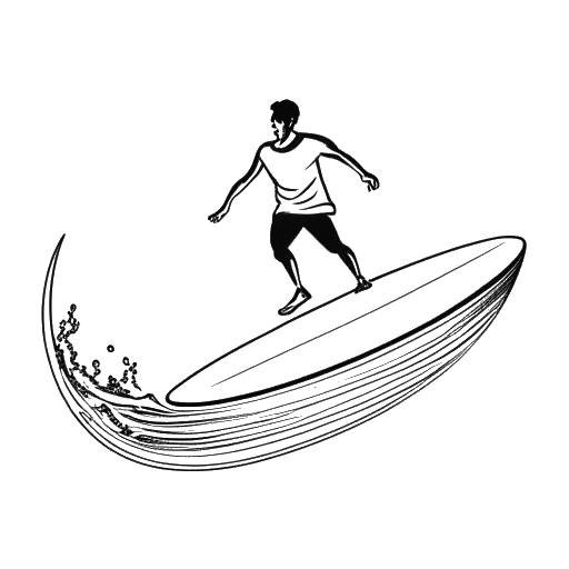 Line art drawing of a man, representing Tyler Stanaland, surfing with a world map in the background, symbolizing his global travel experience for surfing competitions.