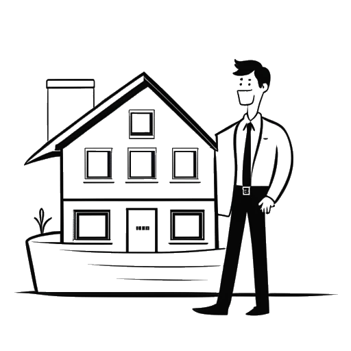 Dibujo de arte lineal de un hombre, representando a Tyler Stanaland, sosteniendo una tabla de surf que se transforma en un agente de bienes raíces de lujo presentando una casa.