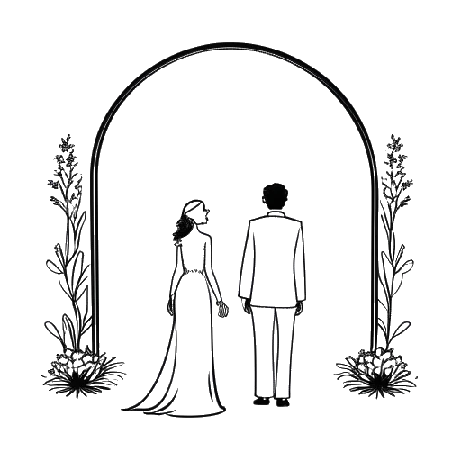 Lijntekening van een stel, die Tyler Stanaland en Brittany Snow vertegenwoordigt, die elkaars handen vasthouden onder een trouwboog.