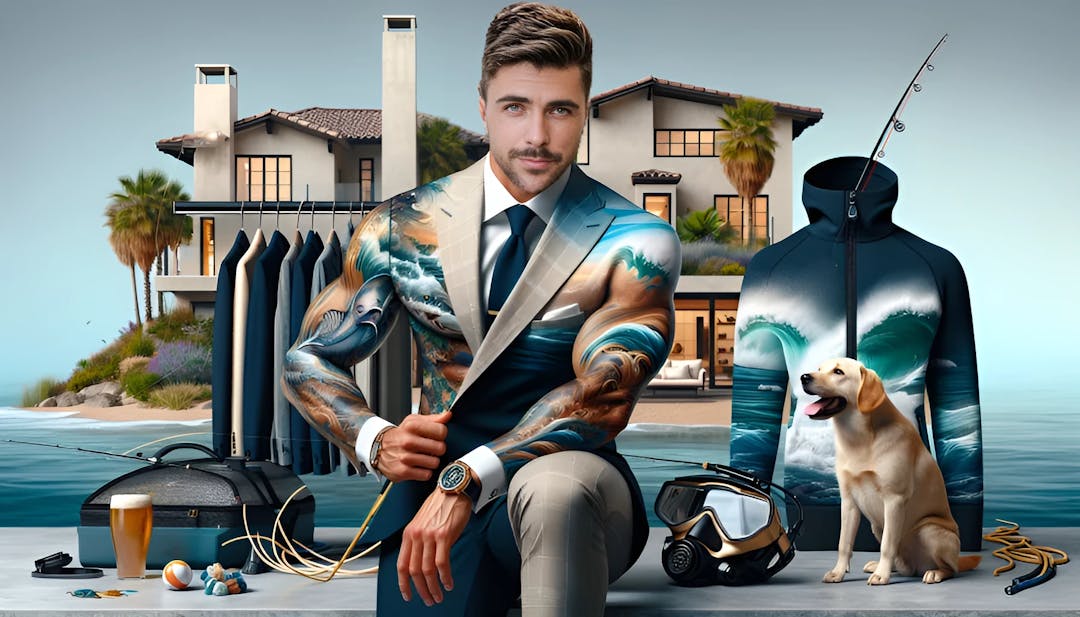 Tyler Westley Stanaland en tenue d'agent immobilier avec un décor de propriété à Laguna Beach, des tatouages visibles, un chien à côté de lui, des vagues océaniques abstraites et un soupçon d'équipement de pêche et de plongée.