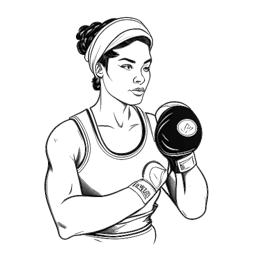 Lijntekening van een vrouw die AJ Bunker vertegenwoordigt met bokshandschoenen aan, gepositioneerd in een gevechtshouding, synoniem met haar steun voor militaire veteranen en haar pleidooi voor geestelijke gezondheid.