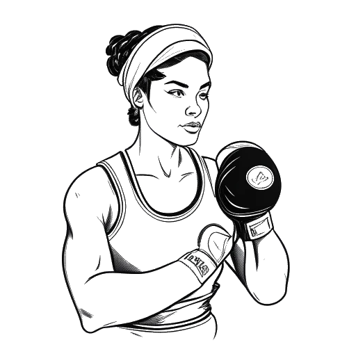 Strichzeichnung einer Frau, die AJ Bunker mit Boxhandschuhen trägt, in einer kämpferischen Haltung posiert und damit ihre Unterstützung für militärische Veteranen und ihr Engagement für die psychische Gesundheit zum Ausdruck bringt.