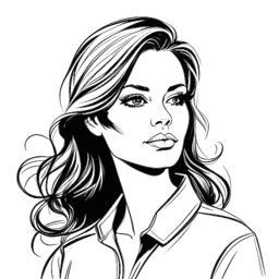 Line art of a confident woman representing AJ Bunker, poised as a hair extension expert with a background that suggests a disciplined military family and a customer-focused career.