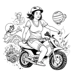 Line art of an energetic woman representing AJ Bunker engaging in quad biking and boxing, with subtle references to rugby, reflecting her vibrant lifestyle and interest in adventurous activities.