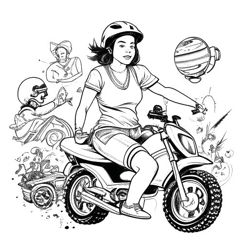 Ilustração de uma mulher enérgica representando AJ Bunker se dedicando ao piquenique de quadriciclo e ao boxe, com referências sutis ao rugby, refletindo seu estilo de vida vibrante e seu interesse por atividades aventureiras.