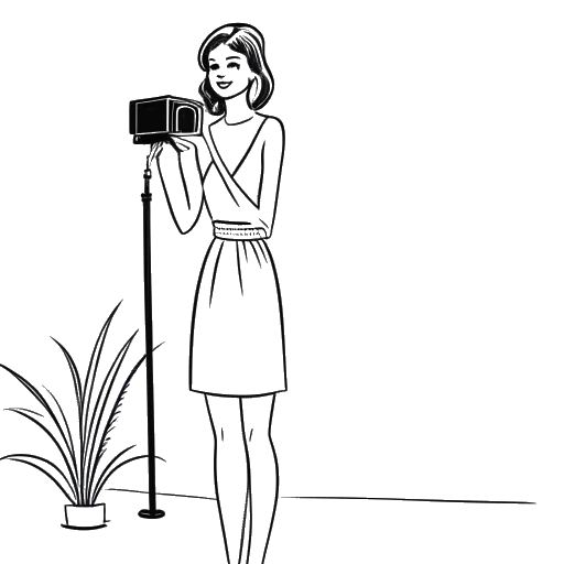 Lijntekening van een vrouw die AJ Bunker vertegenwoordigt in een zomeroutfit die haar tijd op Love Island weerspiegelt, met een palmboom en een televisiecamera die duiden op haar opkomst naar faam.
