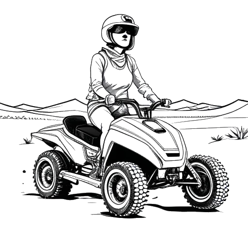 Line art drawing of a woman representing AJ Bunker, with short hair, wearing a helmet and goggles, riding a quad bike in the Moroccan desert, with a dog following closely behind.