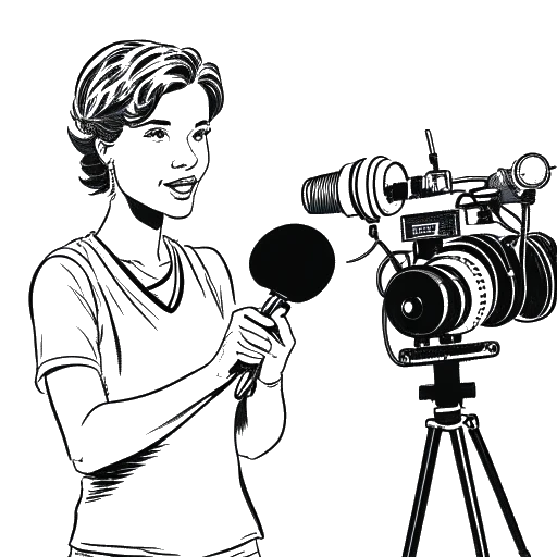 Line art drawing of a woman representing AJ Bunker, with short hair, holding a microphone and boxing gloves, surrounded by cameras and production crew members.