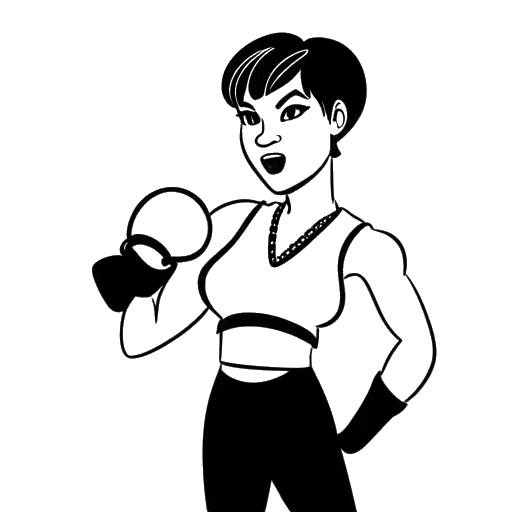 Desenho de uma linha artística de uma mulher representando AJ Bunker, com cabelo curto, usando luvas de boxe, em posição de luta, segurando um balão de texto que diz 'Boxe é terapêutico!'
