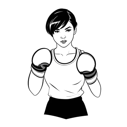 Strichzeichnung einer Frau, die AJ Bunker repräsentiert, mit kurzem Haar, die Boxhandschuhe trägt und in einer Kampfhaltung steht.