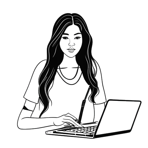 Line art drawing of a woman representing AJ Bunker, with long hair, holding a pair of scissors and a hair extension, while working on a laptop.
