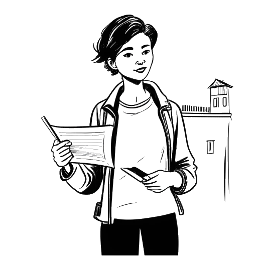 Line art drawing of a woman representing AJ Bunker, with short hair, holding a clipboard, standing in front of a homeless shelter.