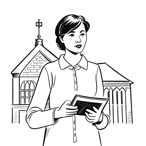 Line art drawing of a woman representing AJ Bunker, with short hair, holding a Bible, standing in front of a church.