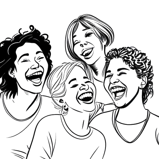 Line art drawing of a woman representing AJ Bunker, with short hair, surrounded by her friends, all laughing and having fun together.