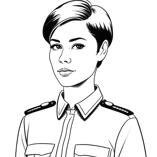 Desenho de uma linha artística de uma mulher representando AJ Bunker, com cabelo curto, vestindo um uniforme militar.