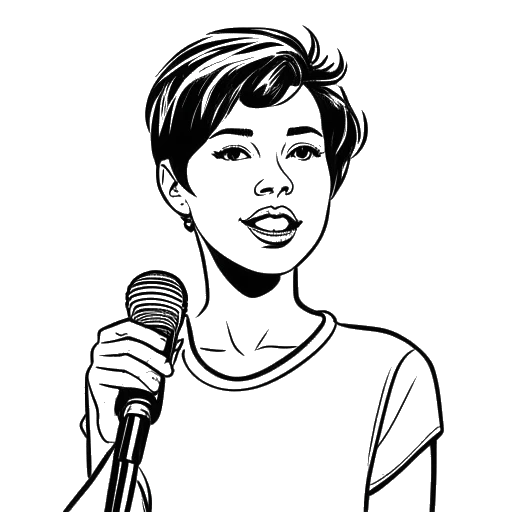 Line art drawing of a woman representing AJ Bunker, with short hair, holding a microphone and a sign that reads 'AJ'.