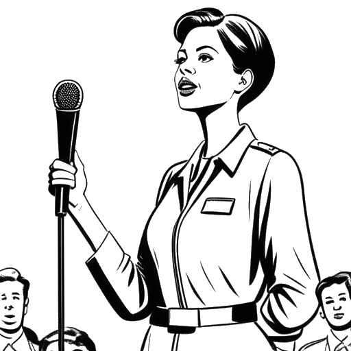 Line art drawing of a woman representing AJ Bunker, with short hair, holding a microphone, standing in front of a group of veterans.