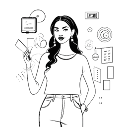 Esboço de uma mulher representando Mikaela Testa com uma postura confiante, posicionada contra ícones de redes sociais, incorporando uma personalidade autêntica sem desculpas, tudo em um fundo branco.