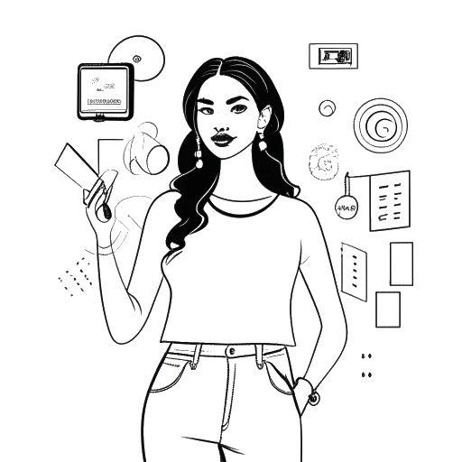 Sketch of a woman representing Mikaela Testa with a confident stance, positioned against social media icons, embodying an unapologetically authentic personality, all on a white background.
