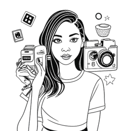 Disegno di una donna che rappresenta Mikaela Testa, circondata da simboli di fama su internet come una fotocamera, accessori di moda e loghi dei social media di TikTok e OnlyFans, il tutto su uno sfondo bianco.