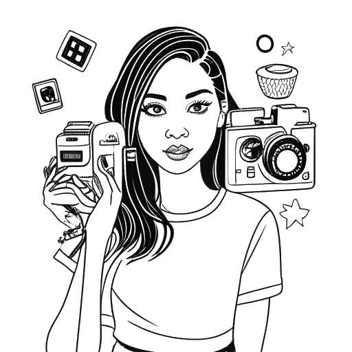 Desenho de uma mulher representando Mikaela Testa, cercada por símbolos de fama na internet, como uma câmera, acessórios de moda e logotipos de redes sociais do TikTok e OnlyFans, tudo em um fundo branco.