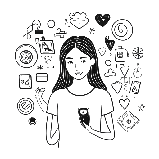 Disegno a linea di una donna che rappresenta Mikaela Testa, circondata da simboli dei social media come un cuore, uno smartphone e una fotocamera, insieme a articoli di moda, su sfondo bianco.