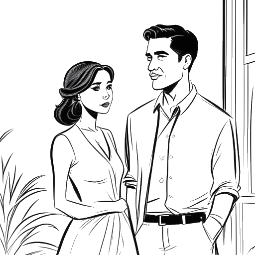 Desenho de linha de uma mulher, representando Mikaela Testa, com um homem, representando Atis Paul, em um cenário romântico juntos.